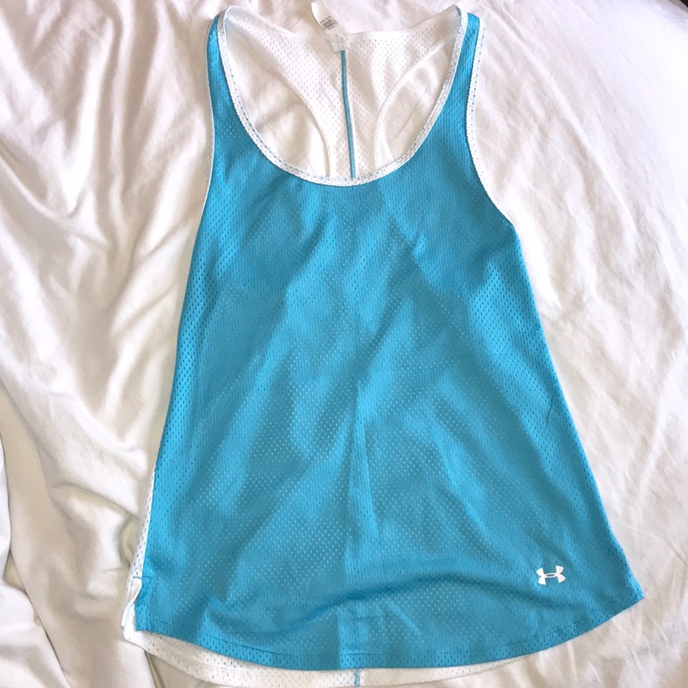 UNDER ARMOUR teal and white workout exercise top